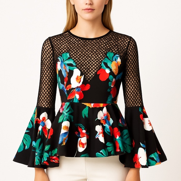 Floral Colorful Mesh Peplum Top - Picture 2 of 11